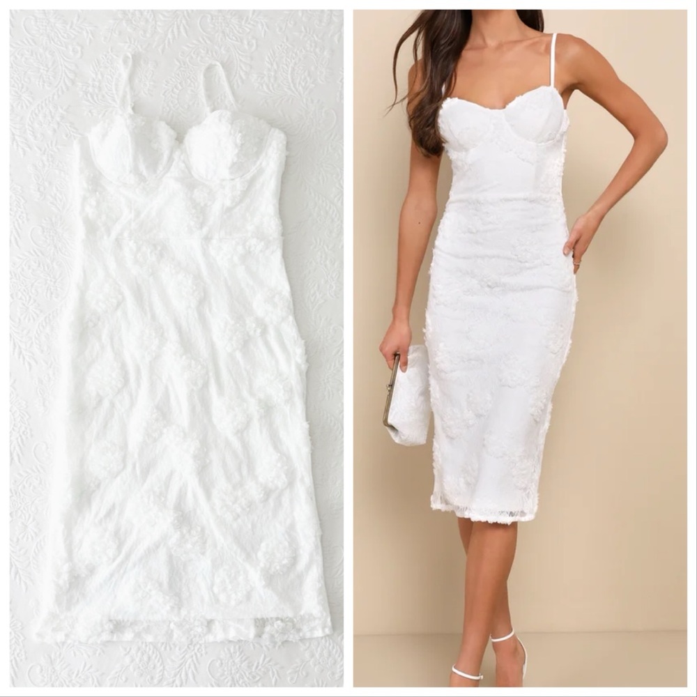 NWOT Lulus Sultry Romantic White Lace Textured Bustier Bodycon Midi Dress Large